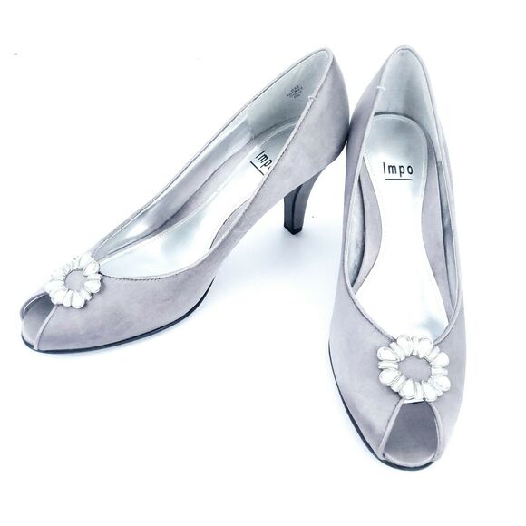 Impo Silver Peep Toe Heels Wedding Formal 8M bridal shoe! Rhinestone Toe - Picture 1 of 7